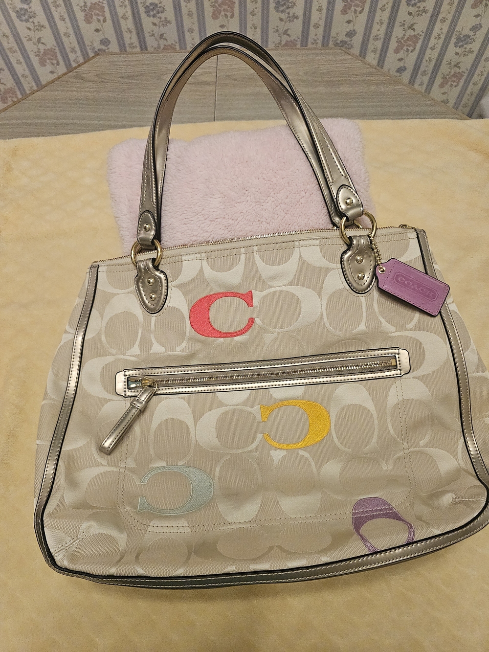 Coach Beige Signature Tote with Multicolor 'C' Accents